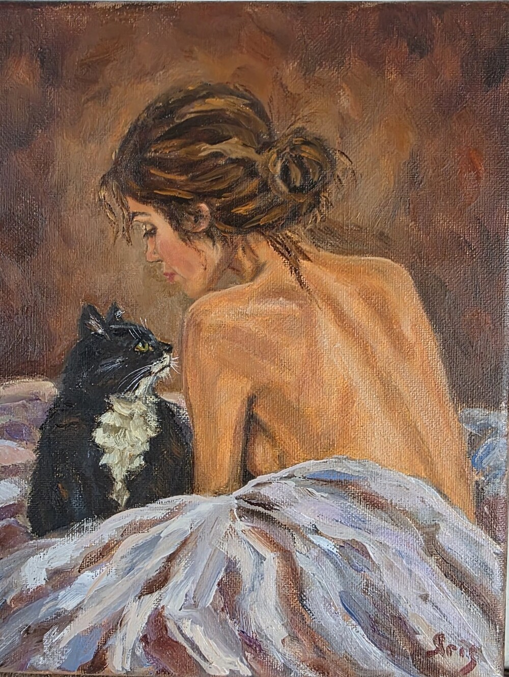Abstract oil Painting cute Tuxedo cat.